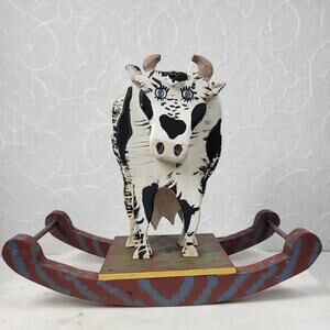 Vintage Rocking Wood Dairy Cow 9" Black White Primitive Handmade Farm Folk Art